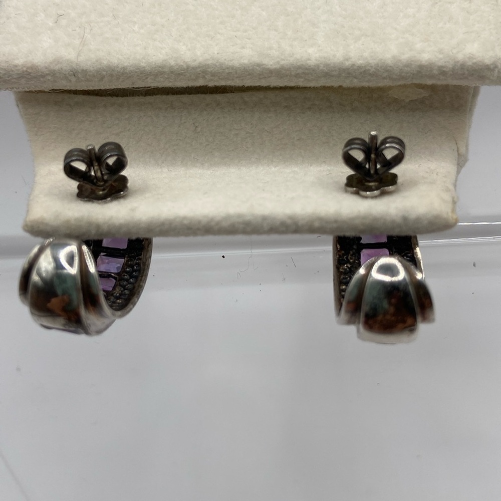 Sterling Silver 925 Channel Set Purple Amethyst Open Hoop Earrings Pierced - Picture 4 of 13